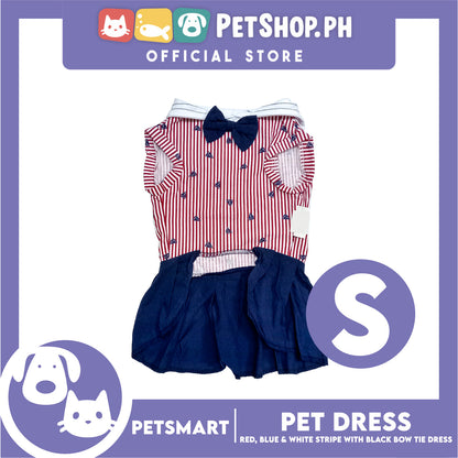 Pet Dress Red, Blue and White Stripe with Black Bow Tie Design DG-CTN184S (Small)