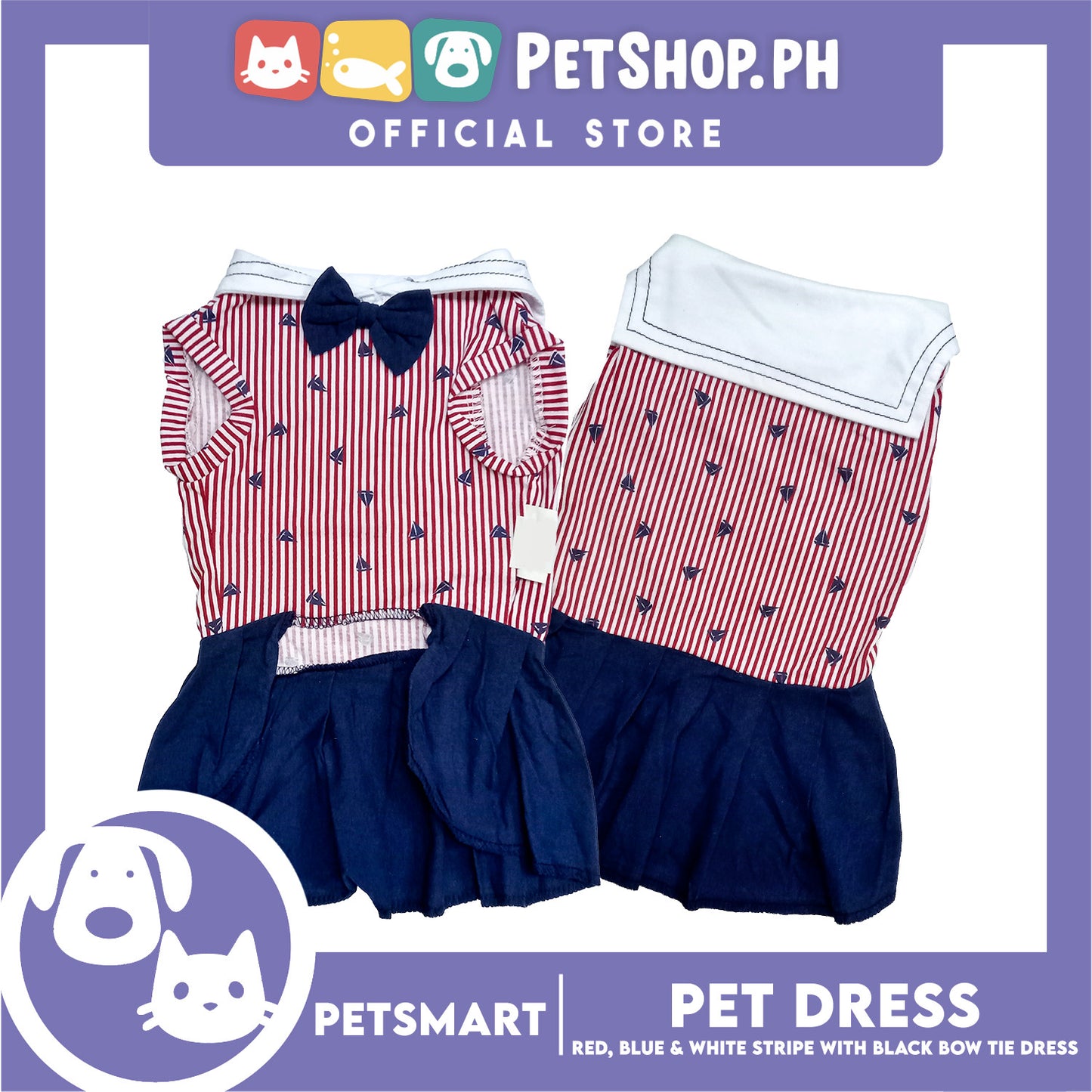 Pet Dress Red, Blue and White Stripe with Black Bow Tie Design DG-CTN184S (Small)