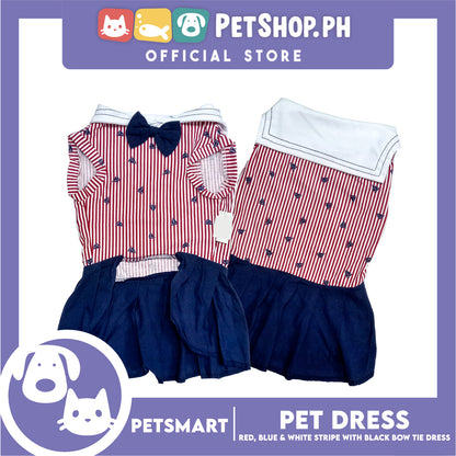 Pet Dress Red, Blue and White Stripe with Black Bow Tie Design DG-CTN184S (Small)