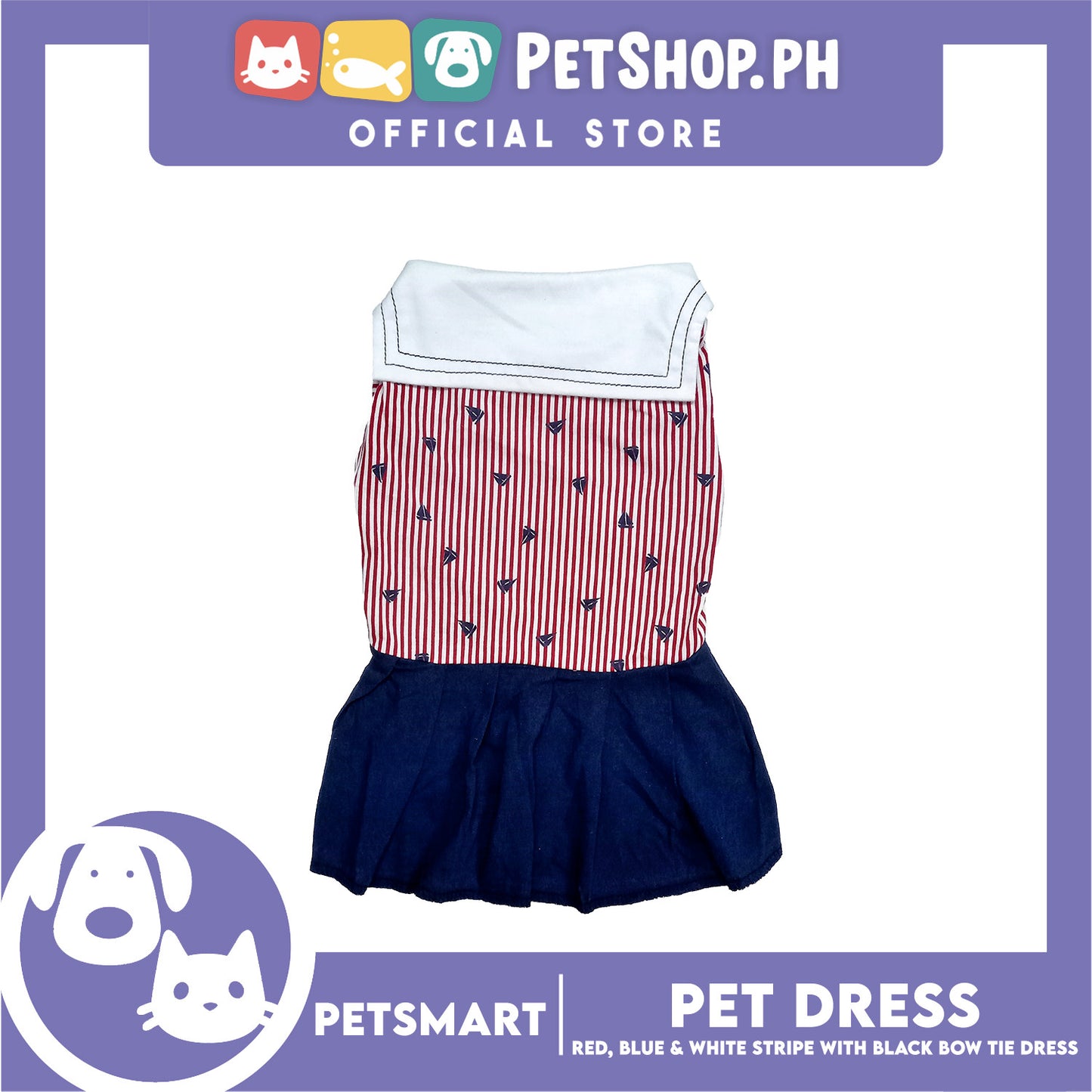 Pet Dress Red, Blue and White Stripe with Black Bow Tie Design DG-CTN184S (Small)