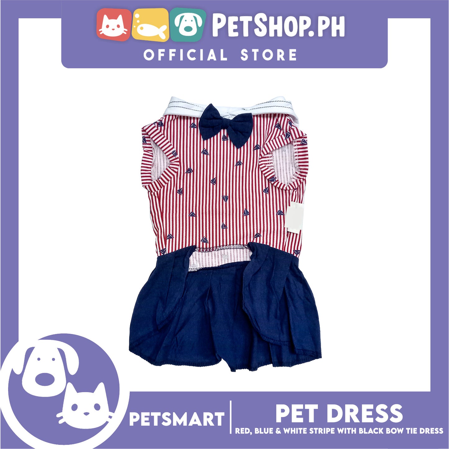 Pet Dress Red, Blue and White Stripe with Black Bow Tie Design DG-CTN184S (Small)