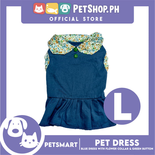 Pet Dress Blue with Flower Collar and Green Button Design DG-CTN185L (Large)