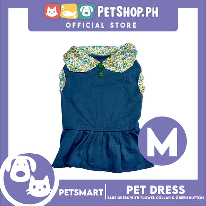Pet Dress Blue with Flower Collar and Green Button Design DG-CTN185M (Medium)