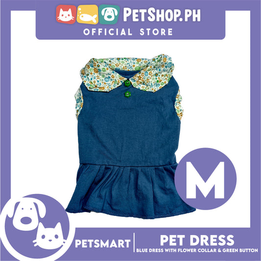 Pet Dress Blue with Flower Collar and Green Button Design DG-CTN185M (Medium)