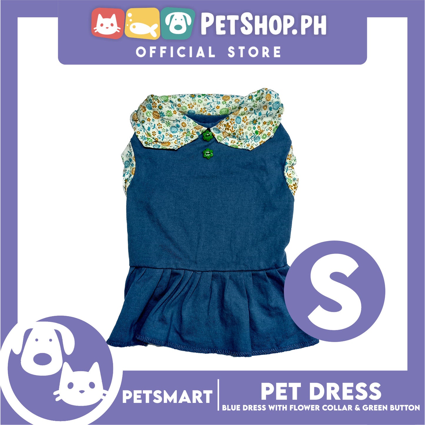 Pet Dress Blue with Flower Collar and Green Button Design DG-CTN185S (Small)