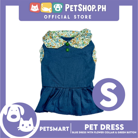 Pet Dress Blue with Flower Collar and Green Button Design DG-CTN185S (Small)