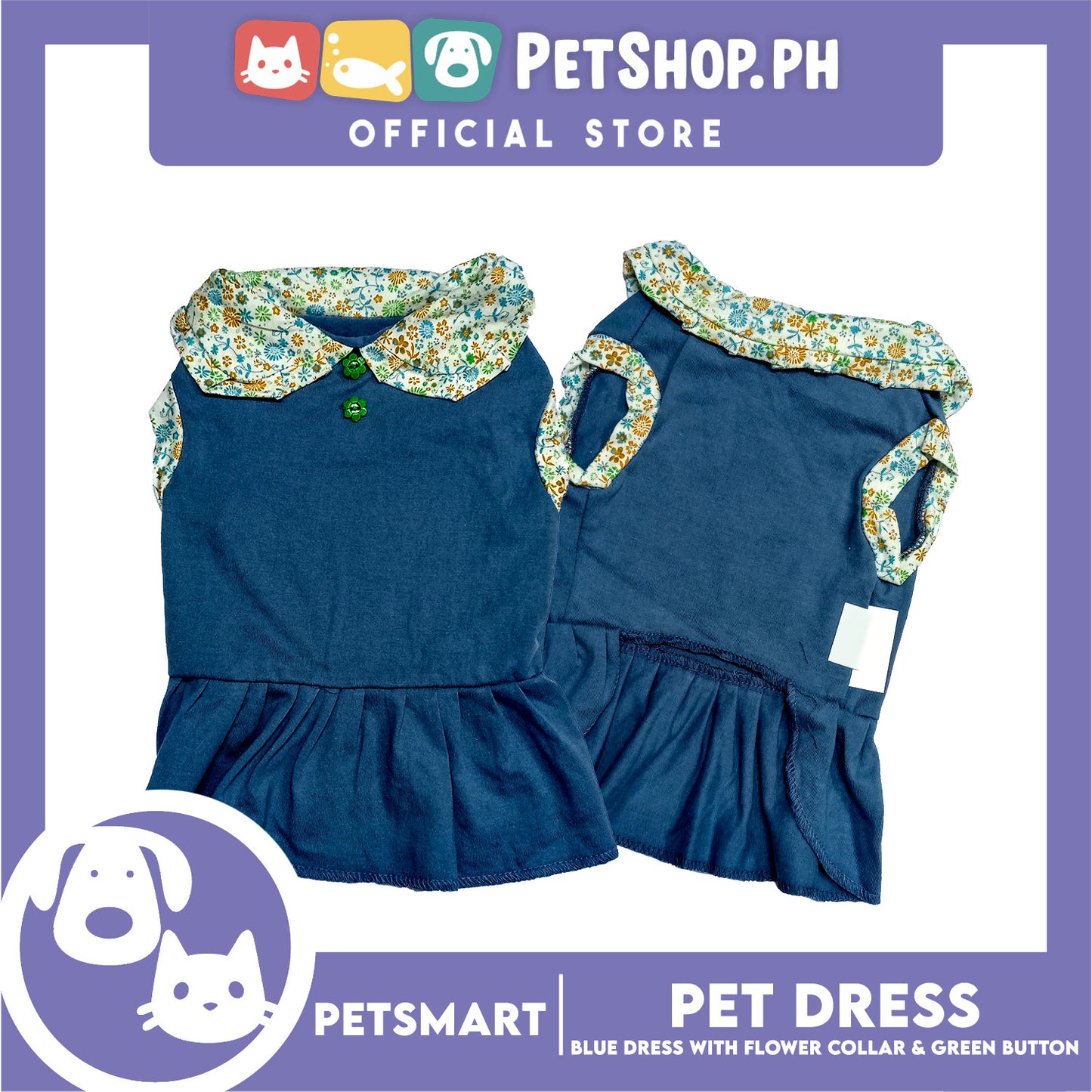 Pet Dress Blue with Flower Collar and Green Button Design DG-CTN185S (Small)