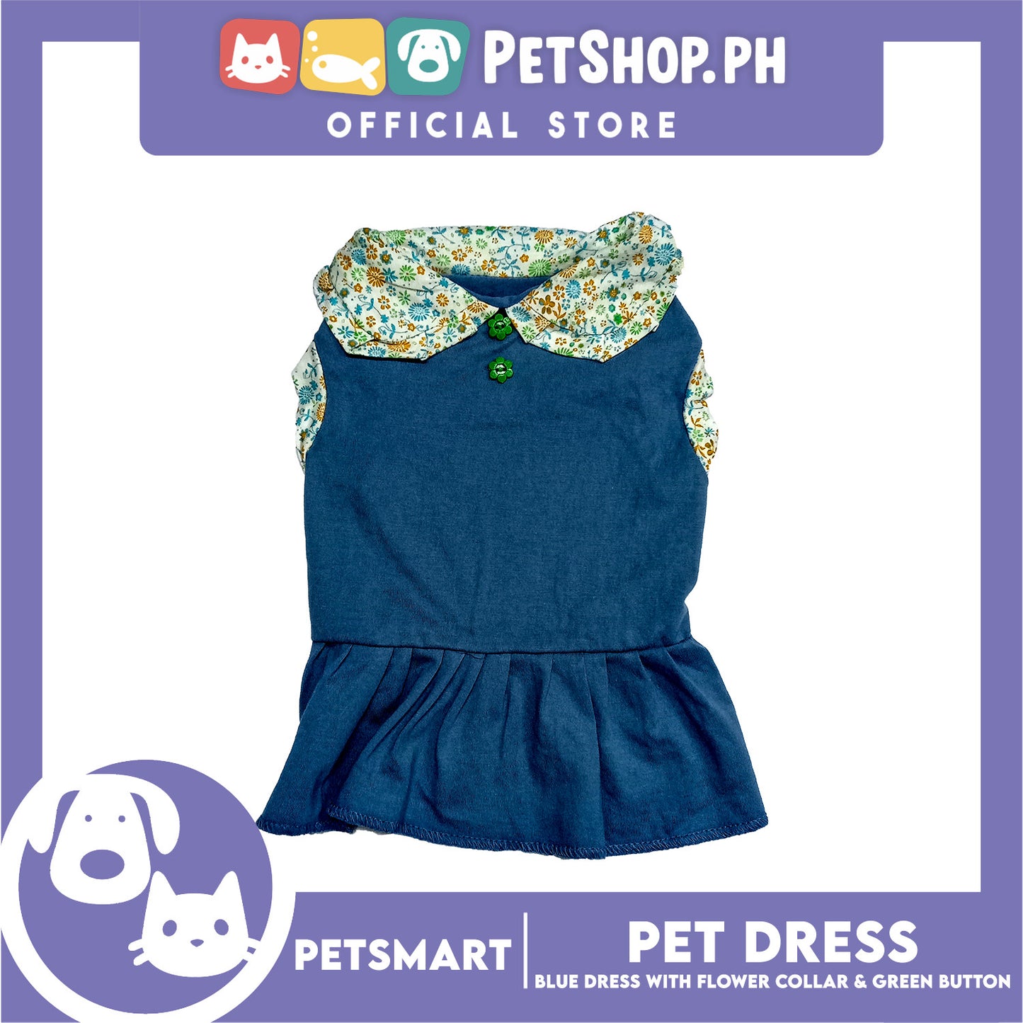 Pet Dress Blue with Flower Collar and Green Button Design DG-CTN185S (Small)
