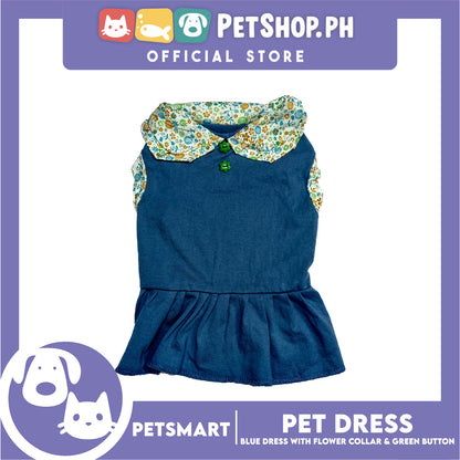 Pet Dress Blue with Flower Collar and Green Button Design DG-CTN185S (Small)
