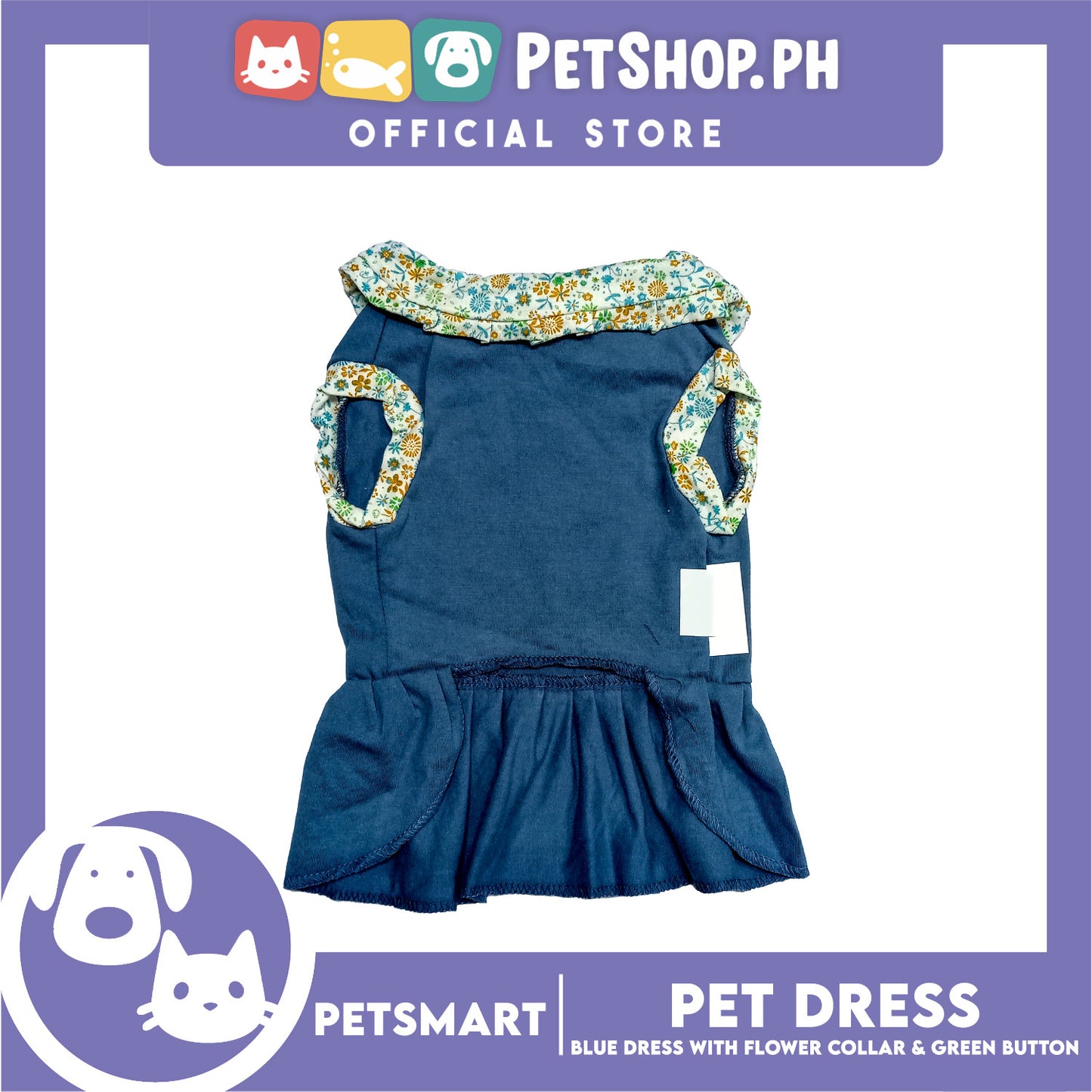 Pet Dress Blue with Flower Collar and Green Button Design DG-CTN185S (Small)