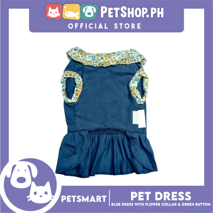 Pet Dress Blue with Flower Collar and Green Button Design DG-CTN185S (Small)