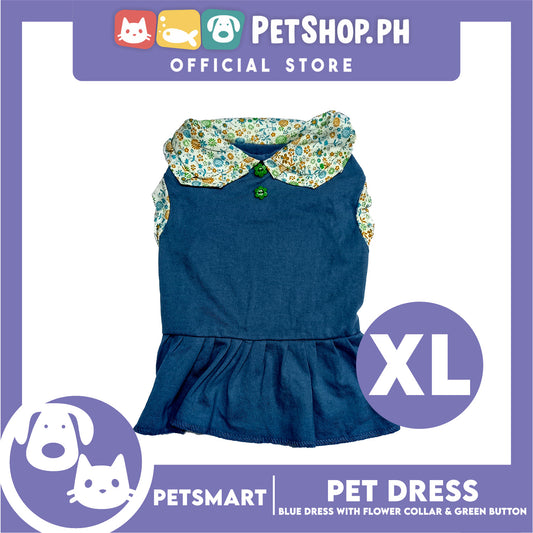 Pet Dress Blue with Flower Collar and Green Button Design DG-CTN185XL (XL)