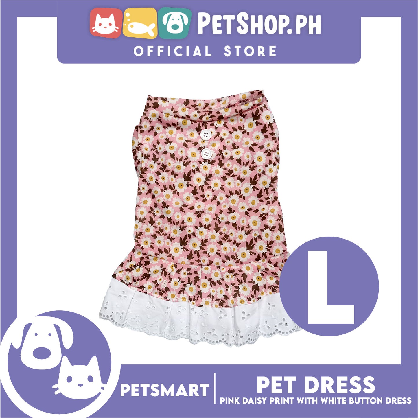 Pet Dress Pink Daisy Print with White Button Design DG-CTN186L (Large)