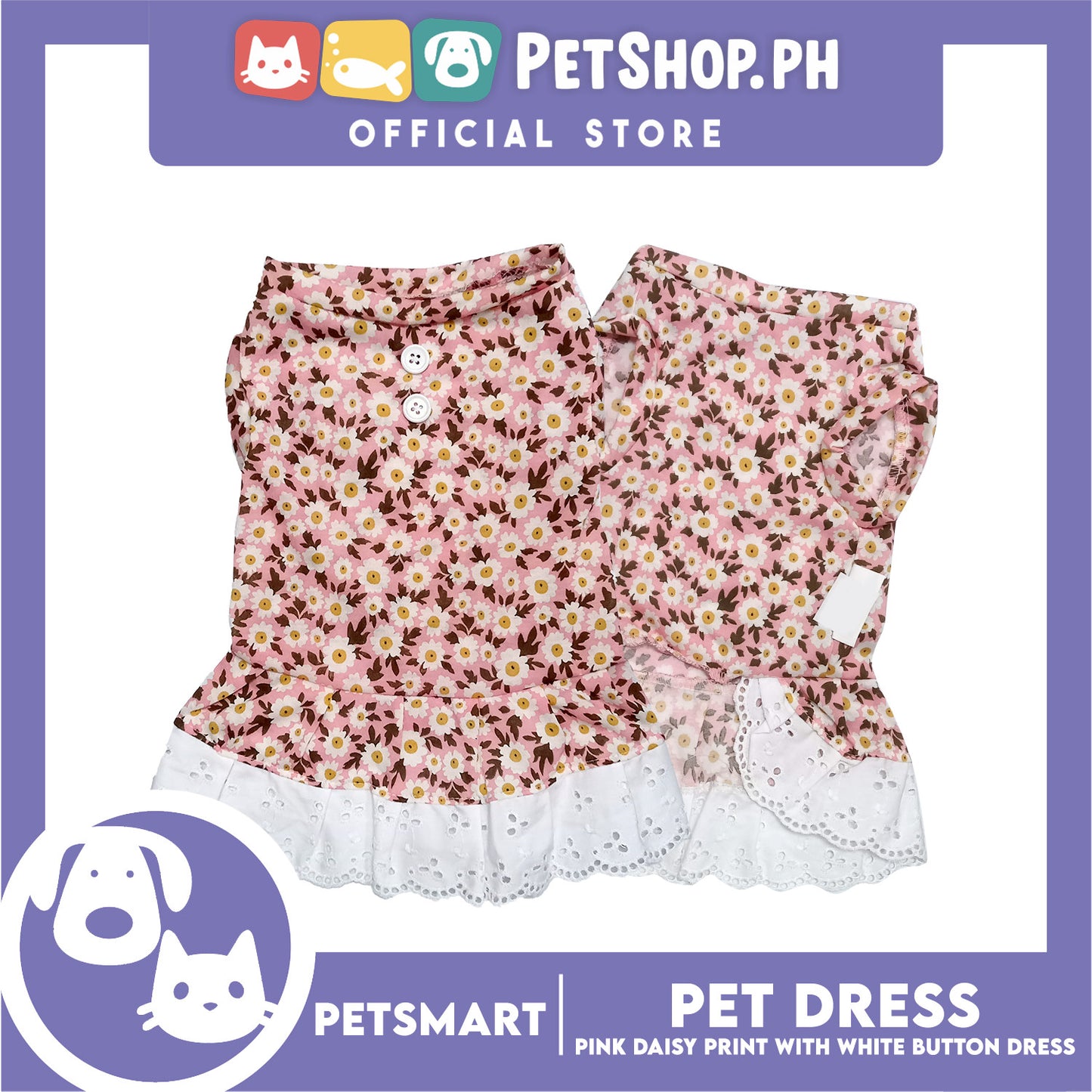 Pet Dress Pink Daisy Print with White Button Design DG-CTN186L (Large)