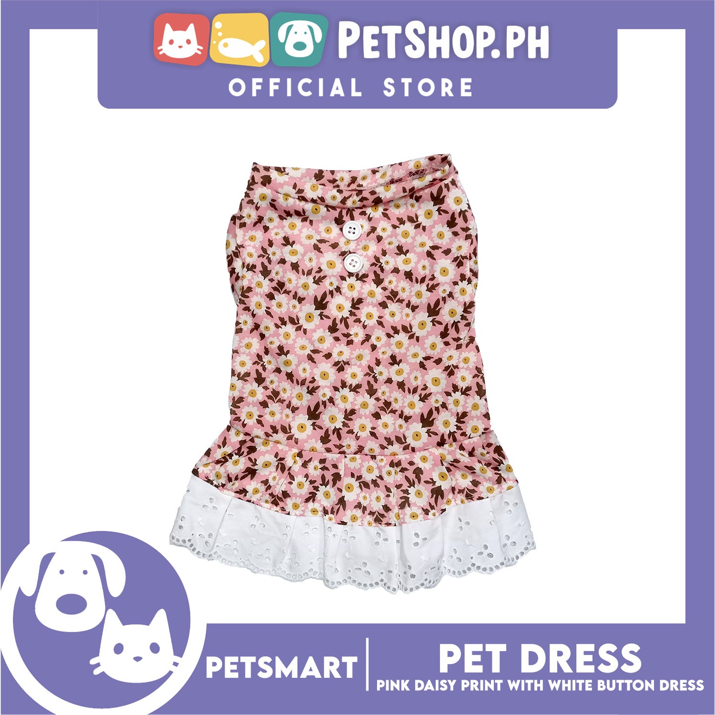 Pet Dress Pink Daisy Print with White Button Design DG-CTN186M (Medium)